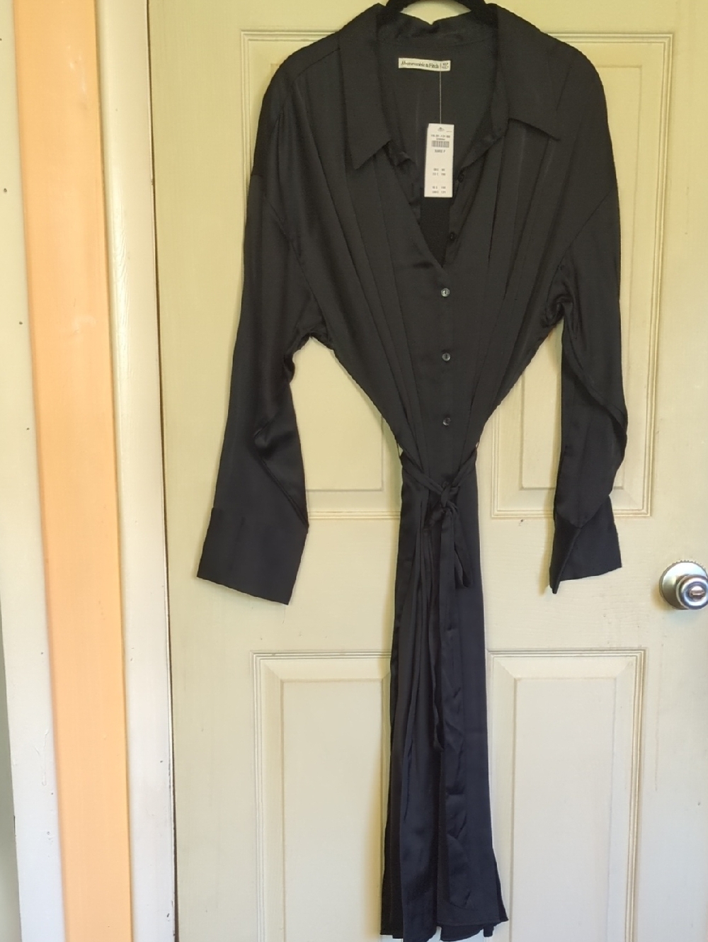 NWT Abercrombie Fitch Black ex-Large Petite Midi Satin Button Down Shirt Dress